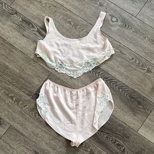 Silk & Satin Vintage Pastel Pink Lace Trim Sleepwear Set Shorts Top 2 Piece 80s